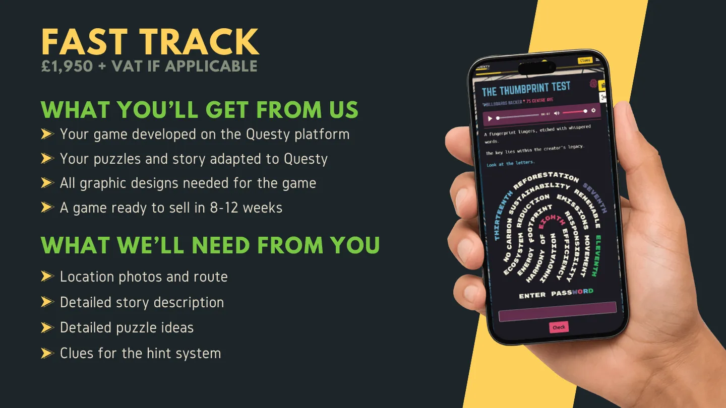 Fast Track package: £1,950 + VAT. You get game development on Questy platform, puzzles and story adapted, all graphic designs, game ready in 8-12 weeks. You provide story description, location photos, route, puzzle ideas and hint clues.