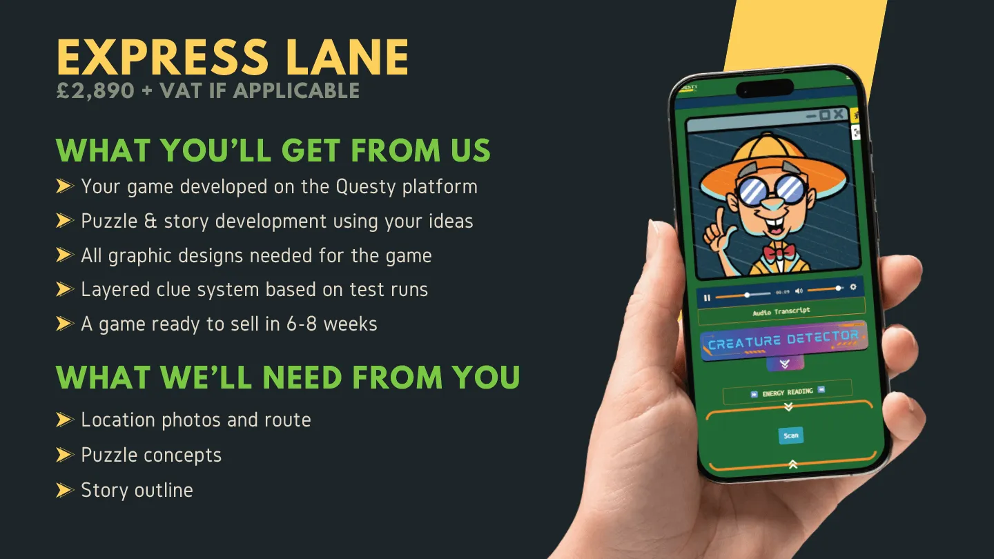 Express Lane package: £2,890 + VAT. You get game development on Questy platform, puzzle and story development using your ideas, all graphic designs, layered clue system based on test runs, game ready in 6-8 weeks. You provide location photos, route, puzzle concepts and story outline.